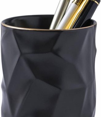 Ceramic Irregular Round Pen Holder For Desk Cute Stand Gold Line Aesthetic Pencil Cup Pot Desk Organizer for Men Women Makeup Brush Holder (Black)