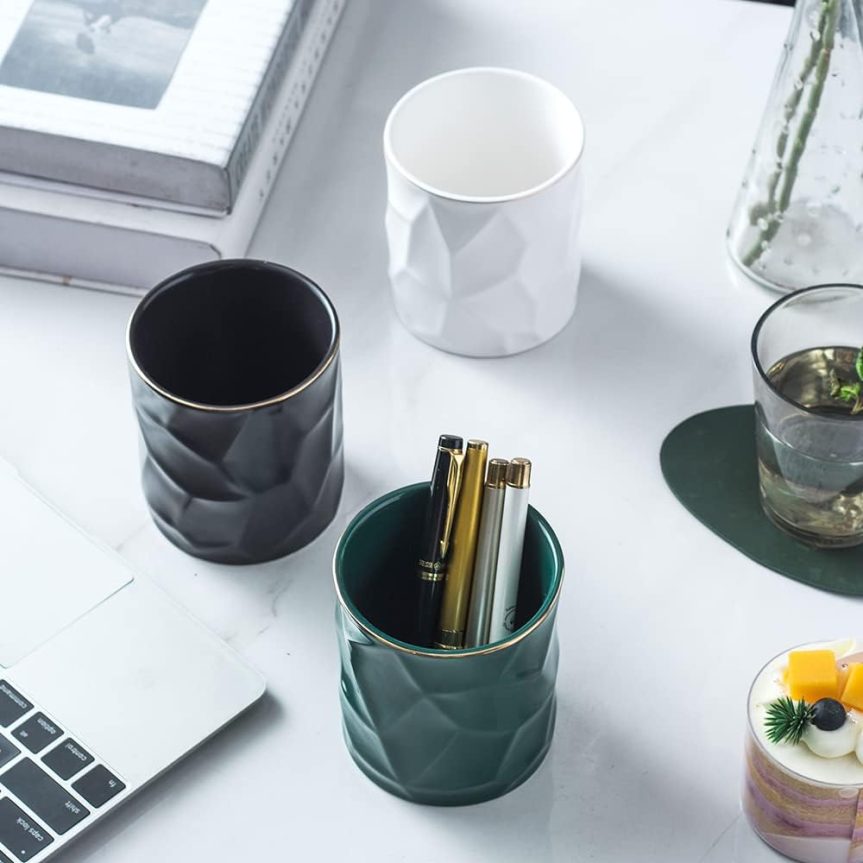 Ceramic Irregular Round Pen Holder For Desk Cute Stand Gold Line Aesthetic Pencil Cup Pot Desk Organizer for Men Women Makeup Brush Holder (Black) - Image 4