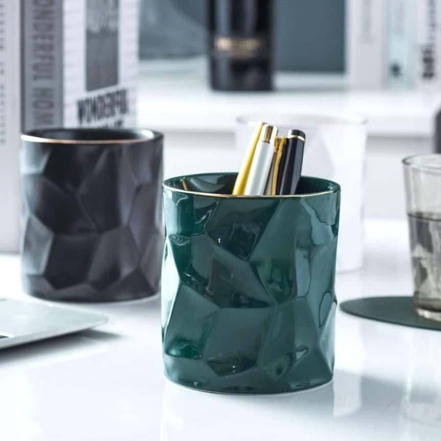 Ceramic Irregular Round Pen Holder For Desk Cute Stand Gold Line Aesthetic Pencil Cup Pot Desk Organizer for Men Women Makeup Brush Holder (Black) - Image 5