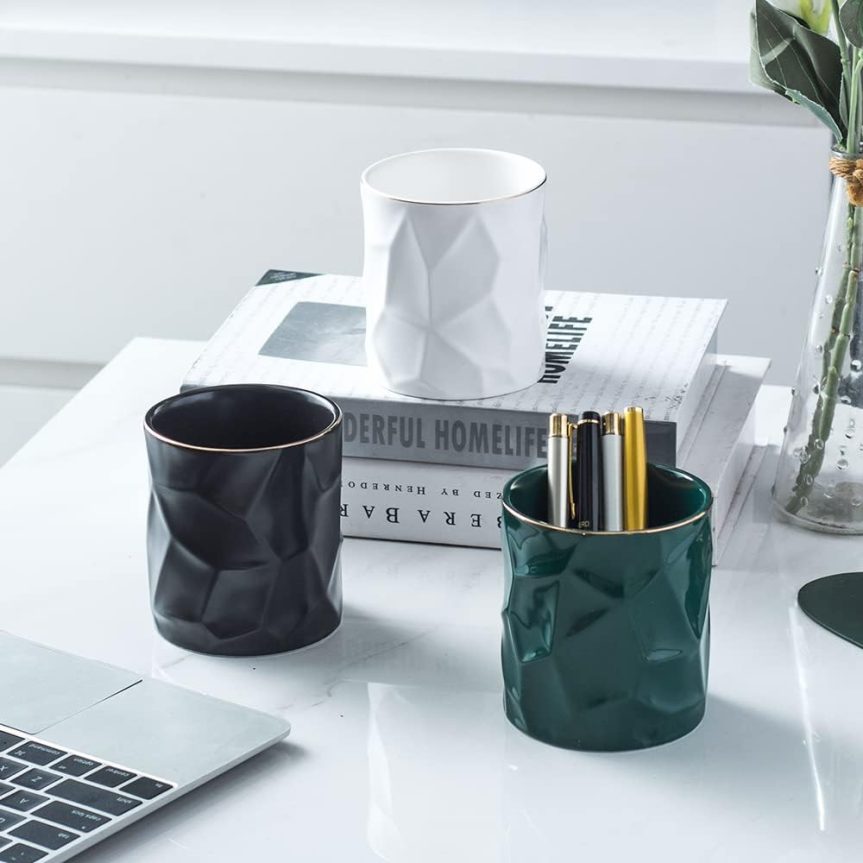 Ceramic Irregular Round Pen Holder For Desk Cute Stand Gold Line Aesthetic Pencil Cup Pot Desk Organizer for Men Women Makeup Brush Holder (Black) - Image 6