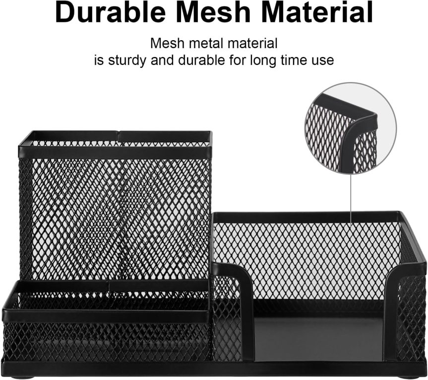 Comix Mesh Pen Pencil Holder Desk Organizer, 3 Compartment Wire Desktop Pen Pencil Cup Caddy Office Supplies Accessories for Home Office School, Black(2 Pack) - Image 4