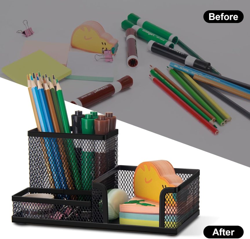 Comix Mesh Pen Pencil Holder Desk Organizer, 3 Compartment Wire Desktop Pen Pencil Cup Caddy Office Supplies Accessories for Home Office School, Black(2 Pack) - Image 7
