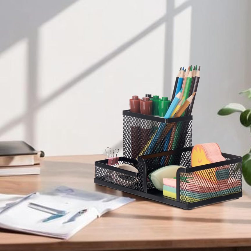 Comix Mesh Pen Pencil Holder Desk Organizer, 3 Compartment Wire Desktop Pen Pencil Cup Caddy Office Supplies Accessories for Home Office School, Black(2 Pack) - Image 8