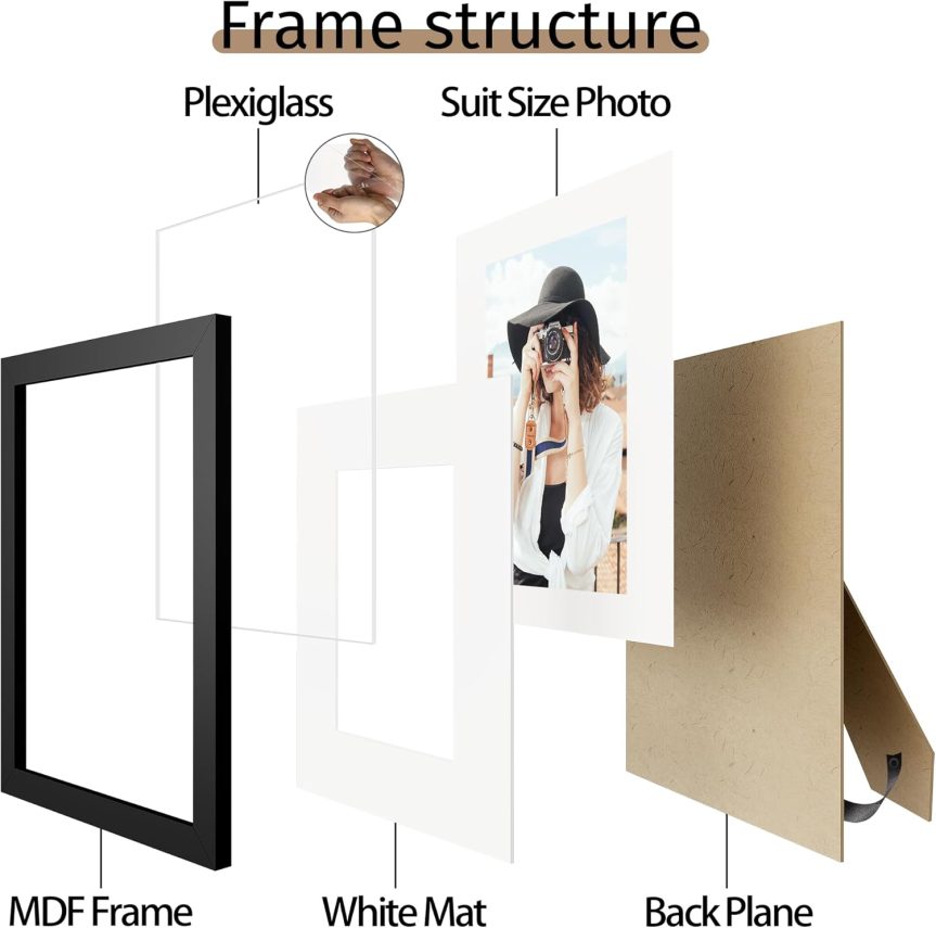 Picrit 8x10 Picture Frame Set of 12, Display 5x7 with Mat or 8x10 without Mat, Photo Frames for Wall Mounting or Table Top Display, Black. - Image 5