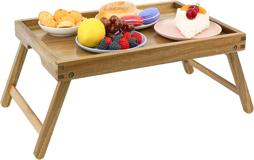 VaeFae Acacia Bed Table Tray, Wooden Breakfast Tray with Folding Legs, Bed Tray for Eating and Laptop, Eating Trays for Bedroom - Image 2
