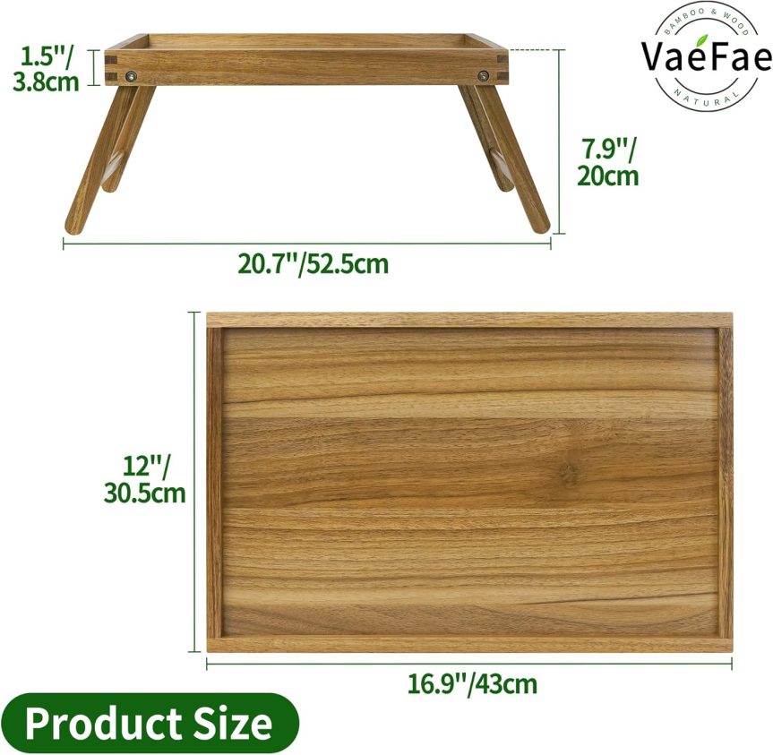 VaeFae Acacia Bed Table Tray, Wooden Breakfast Tray with Folding Legs, Bed Tray for Eating and Laptop, Eating Trays for Bedroom - Image 3