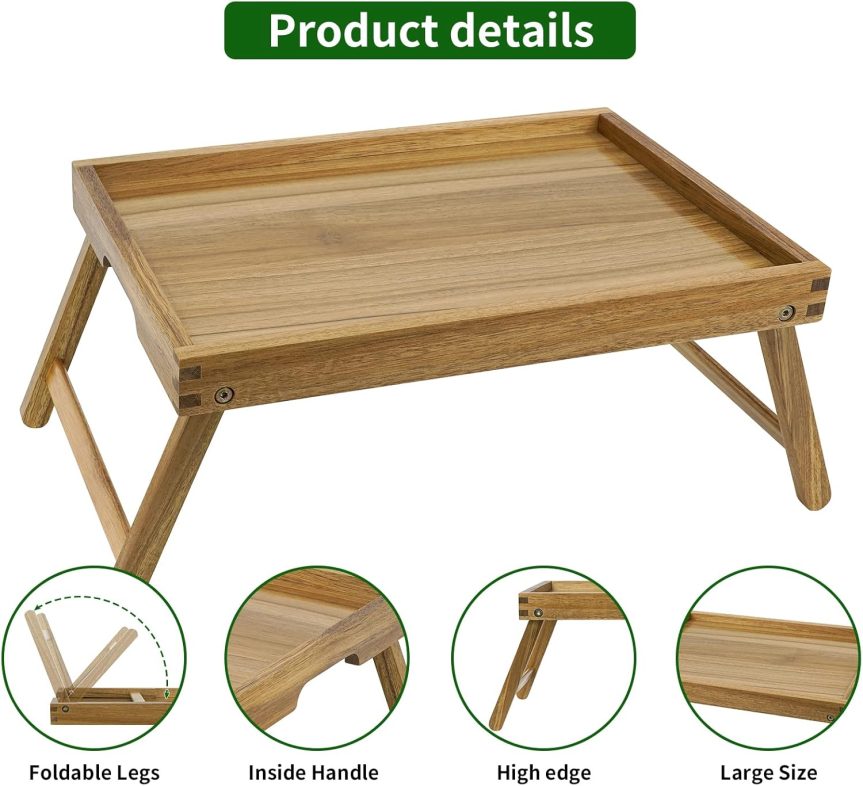 VaeFae Acacia Bed Table Tray, Wooden Breakfast Tray with Folding Legs, Bed Tray for Eating and Laptop, Eating Trays for Bedroom - Image 4