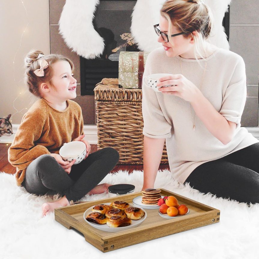 VaeFae Acacia Bed Table Tray, Wooden Breakfast Tray with Folding Legs, Bed Tray for Eating and Laptop, Eating Trays for Bedroom - Image 5