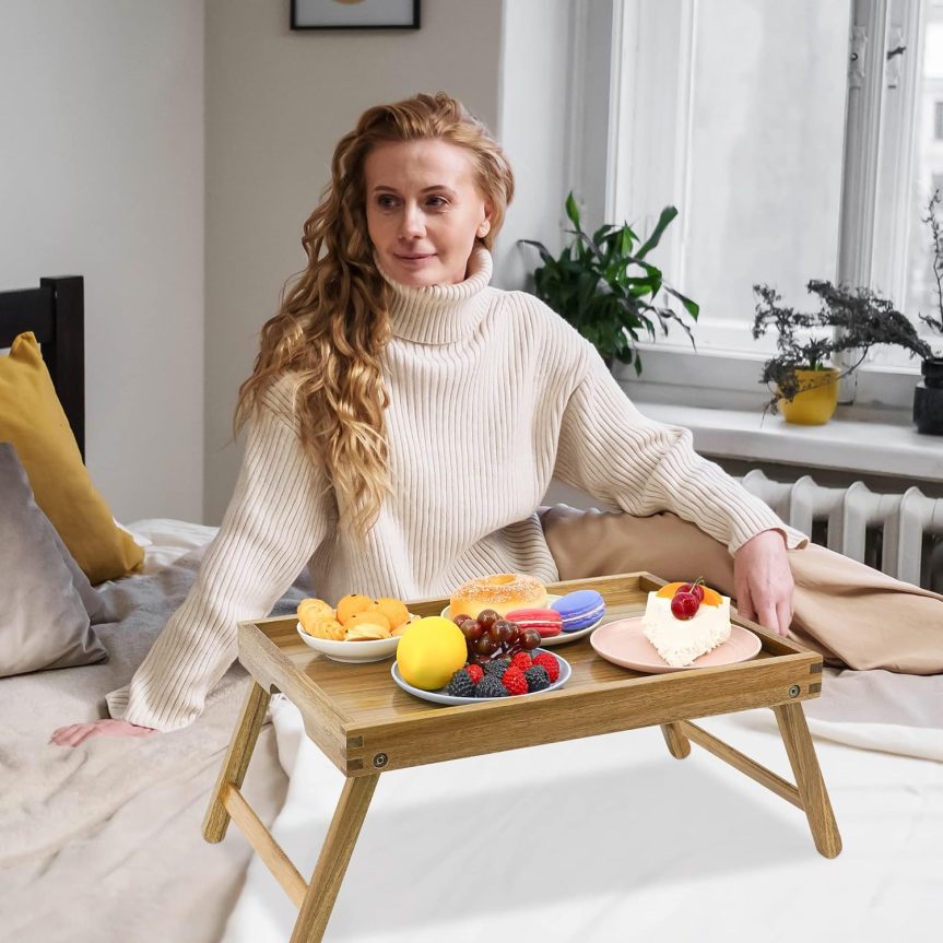 VaeFae Acacia Bed Table Tray, Wooden Breakfast Tray with Folding Legs, Bed Tray for Eating and Laptop, Eating Trays for Bedroom - Image 6